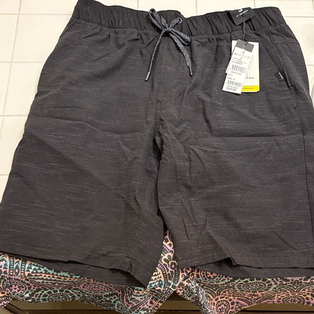 Gray and Pattern Drawstring Swim Trunks